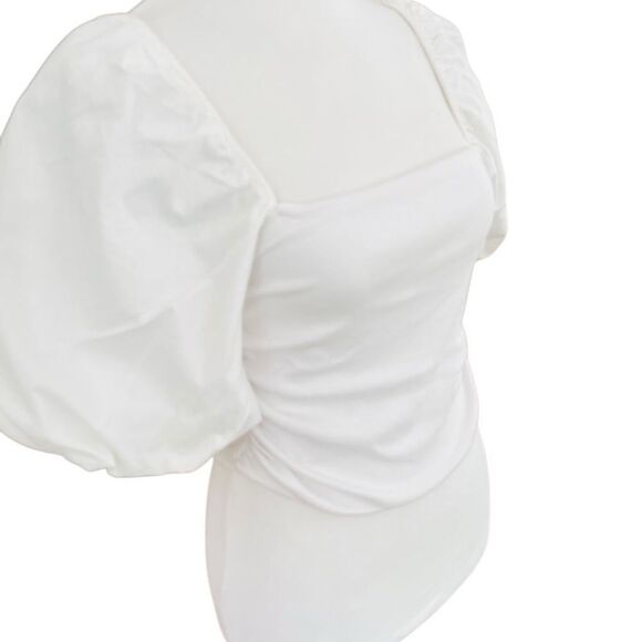 ZARA white ribbed square neck ruched side top with balloon sleeves size M. - Picture 7 of 9